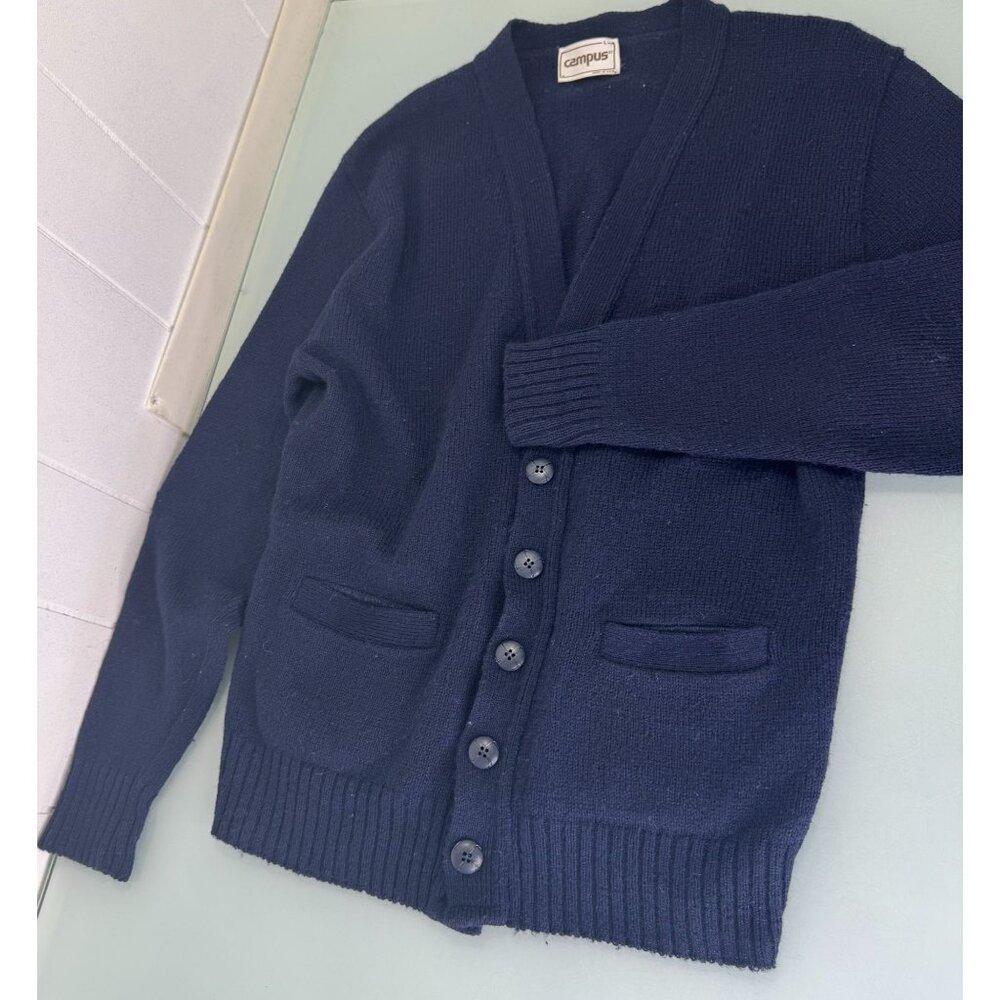 Vintage Campus Cardigan Sweater Large L Wool Blend Navy Made In USA Grandpacore